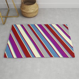 [ Thumbnail: Colorful Purple, Blue, Dark Grey, Light Yellow, and Dark Red Colored Striped/Lined Pattern Rug ]