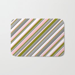 [ Thumbnail: Eye-catching Green, Dark Grey, Gray, White & Pink Colored Pattern of Stripes Bath Mat ]