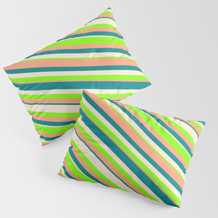 Beige, Chartreuse, Light Salmon, and Teal Colored Lines Pattern Pillow Sham