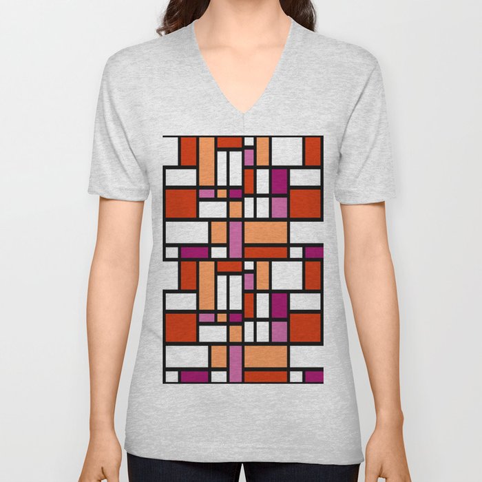 65 MCMLXV LGBT Lesbian Pride Sunset Flag Mondrian Color Block Pattern V Neck T Shirt