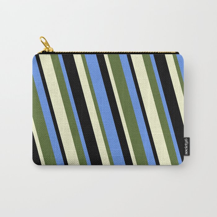 Cornflower Blue, Dark Olive Green, Light Yellow, and Black Colored Lines/Stripes Pattern Carry-All Pouch