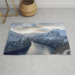 Famous Geirangerfjord in Norway Rug | Landscape, Clouds, Geiranger, Nature, Sunset, Sea, Adventure, Mountains, White, Winter 