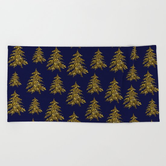 Sparkly gold Christmas tree on dark blue Beach Towel