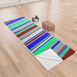 [ Thumbnail: Green, Blue, Lavender, Dark Red, and Dark Gray Colored Stripes Pattern Yoga Towel ]
