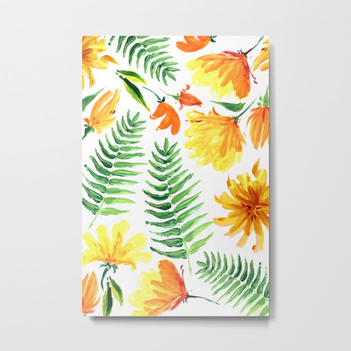 Palm leaves and colorful tropical flowers Metal Print