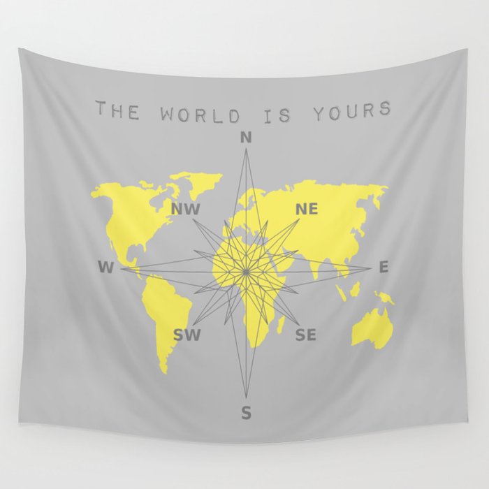 THE WORLD IS YOURS. Gray and yellow Wall Tapestry