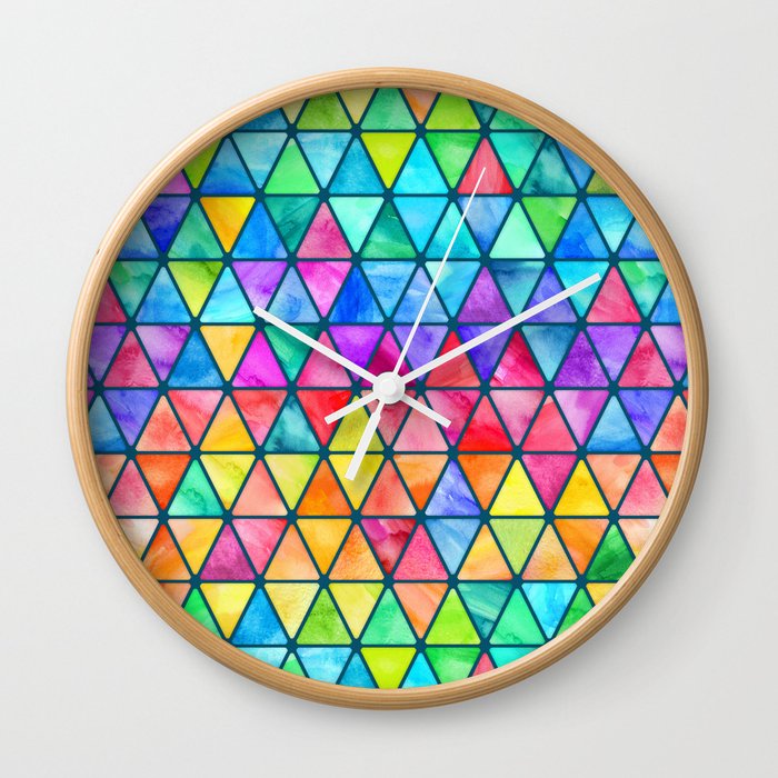 Little Rainbow Watercolor Triangles on Teal Wall Clock