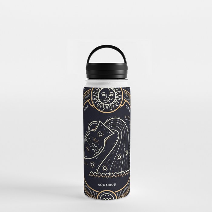 Aquarius Zodiac Golden White on Black Background Water Bottle