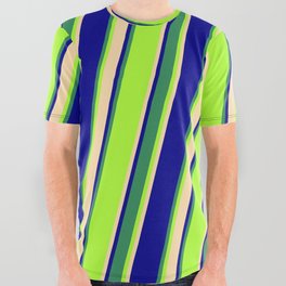 [ Thumbnail: Light Green, Tan, Dark Blue & Sea Green Colored Striped Pattern All Over Graphic Tee ]