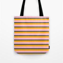 [ Thumbnail: Orange, Pink, Dark Slate Gray & Black Colored Stripes Pattern Tote Bag ]