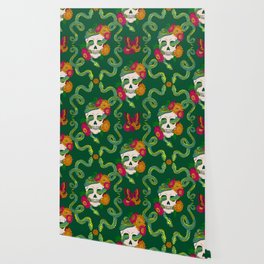 Floral Skull Snake - Deep Emerald Wallpaper