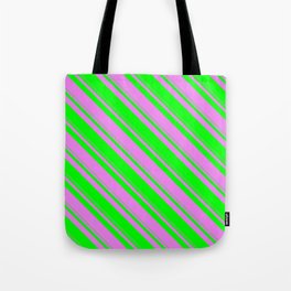 [ Thumbnail: Violet and Lime Colored Stripes Pattern Tote Bag ]