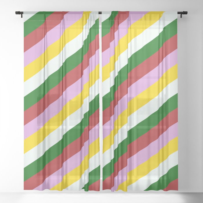Colorful Dark Green, Red, Plum, Yellow, and Mint Cream Colored Lined Pattern Sheer Curtain