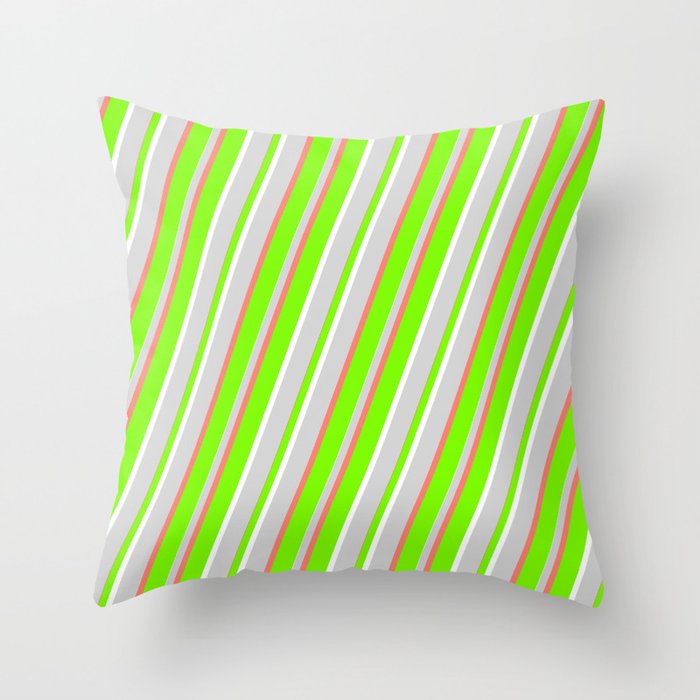 Green, White, Light Gray & Salmon Colored Striped/Lined Pattern Throw Pillow