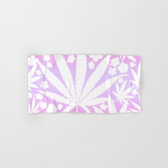 Modern Retro Cannabis And Spring Flowers Pink Purple Haze Ombre Hippy Boho Botanical Leaves Pattern Hand & Bath Towel