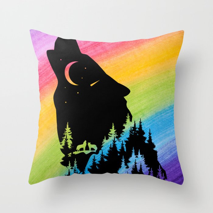 Wolf Silhouette with Rainbow Throw Pillow