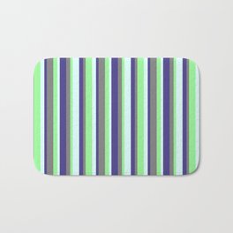 [ Thumbnail: Dark Slate Blue, Light Cyan, Green, and Gray Colored Lines/Stripes Pattern Bath Mat ]
