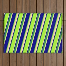 [ Thumbnail: Light Green, Tan, Dark Blue & Sea Green Colored Striped Pattern Outdoor Rug ]