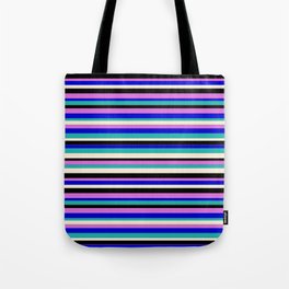 [ Thumbnail: Vibrant Orchid, Blue, Light Sea Green, Beige, and Black Colored Lines Pattern Tote Bag ]