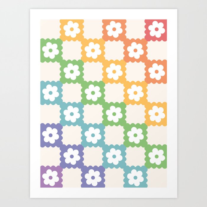 Rainbow Pride Colorful Checkered Flower Pattern Art Print