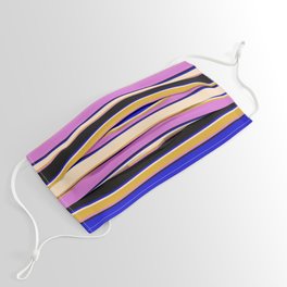 [ Thumbnail: Colorful Blue, Bisque, Goldenrod, Orchid, and Black Colored Stripes Pattern Face Mask ]