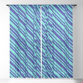 [ Thumbnail: Turquoise and Dark Blue Colored Lined/Striped Pattern Sheer Curtain ]