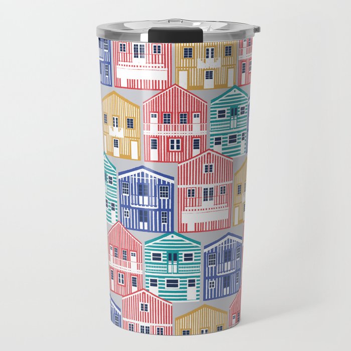 Colourful Portuguese houses // light grey background rob roy yellow mandy red electric blue and peacock teal Costa Nova inspired houses Travel Mug