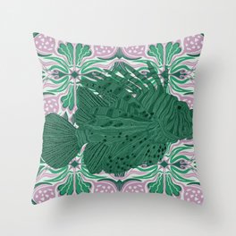 Lionfish swimming on a pink and green patterned background Throw Pillow