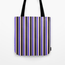 [ Thumbnail: Black, Tan, and Medium Slate Blue Colored Stripes/Lines Pattern Tote Bag ]