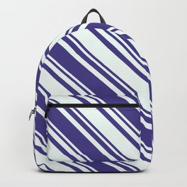[ Thumbnail: Dark Slate Blue & Mint Cream Colored Stripes/Lines Pattern Backpack ]