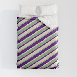 [ Thumbnail: Dark Sea Green, Indigo, and Beige Colored Lines/Stripes Pattern Duvet Cover ]