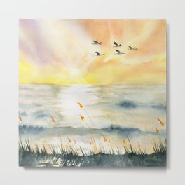 Sunset Metal Print | Tall Grass, Evening, Summer, Scene, Art, Beach, Watercolor, Water, Sea, Calm 