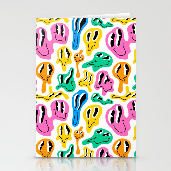 Funny melted smiling happy face colorful cartoon seamless pattern Stationery Cards