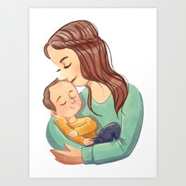Mother with baby (brunette long hair) Art Print