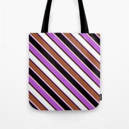 [ Thumbnail: Sienna, Mint Cream, Orchid & Black Colored Pattern of Stripes Tote Bag ]