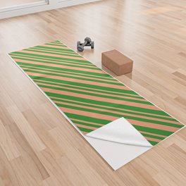 [ Thumbnail: Light Salmon & Forest Green Colored Lined Pattern Yoga Towel ]