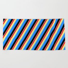 [ Thumbnail: Colorful Red, Tan, Blue, Black & White Colored Lined/Striped Pattern Beach Towel ]