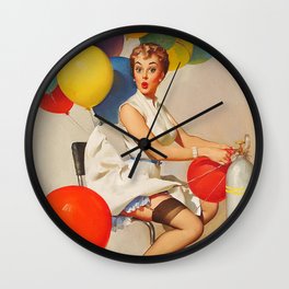 Vintage Pin Up Girl and Colorful Balloons Wall Clock