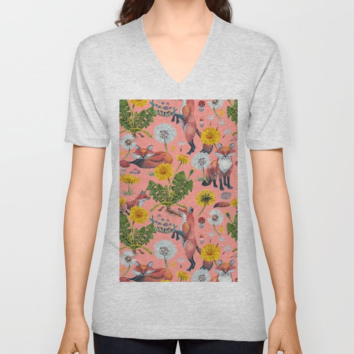 Dandelion Flowers with Foxes - pink V Neck T Shirt
