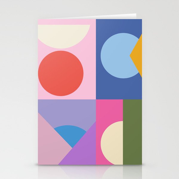 Colorful Bauhaus Style Shape Art in Pink, Blue, Yellow, and Green Stationery Cards