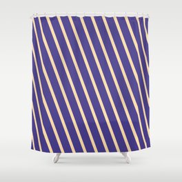 [ Thumbnail: Tan & Dark Slate Blue Colored Lines Pattern Shower Curtain ]