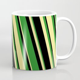 [ Thumbnail: Black, Forest Green, and Tan Colored Stripes Pattern Coffee Mug ]