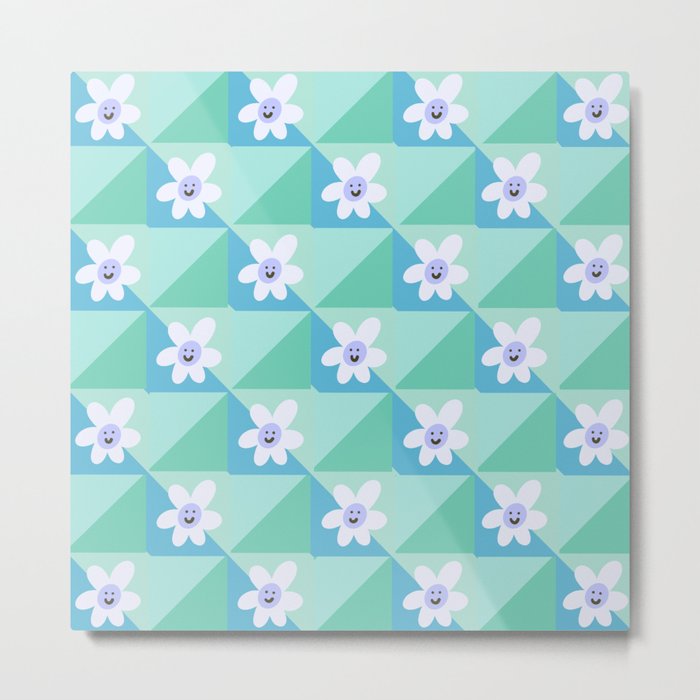 Geometric Retro Happy Baby Flowers - Green and Blue Metal Print