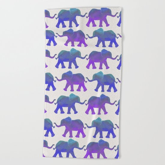 Follow The Leader - Painted Elephants in Royal Blue, Purple, & Mint Beach Towel
