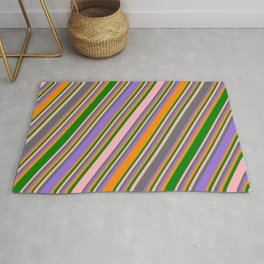 [ Thumbnail: Colorful Light Pink, Dim Grey, Purple, Dark Orange & Green Colored Stripes Pattern Rug ]