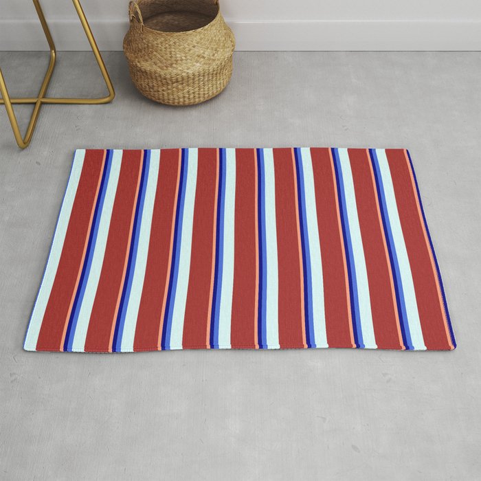 Eyecatching Light Salmon, Blue, Royal Blue, Light Cyan, and Brown Colored Lined/Striped Pattern Rug