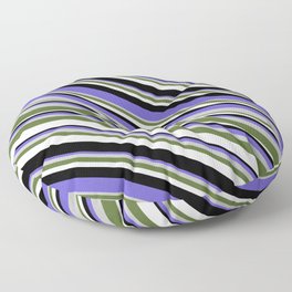 [ Thumbnail: Slate Blue, Grey, Dark Olive Green, Mint Cream, and Black Colored Stripes Pattern Floor Pillow ]