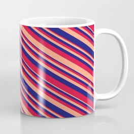 [ Thumbnail: Light Salmon, Midnight Blue & Crimson Colored Lines/Stripes Pattern Coffee Mug ]