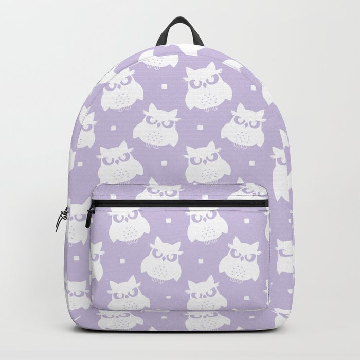 White Cute Owl Seamless Pattern on Lilac Background Backpack