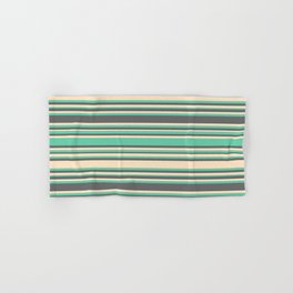 [ Thumbnail: Aquamarine, Dim Gray, and Bisque Colored Lines/Stripes Pattern Hand & Bath Towel ]